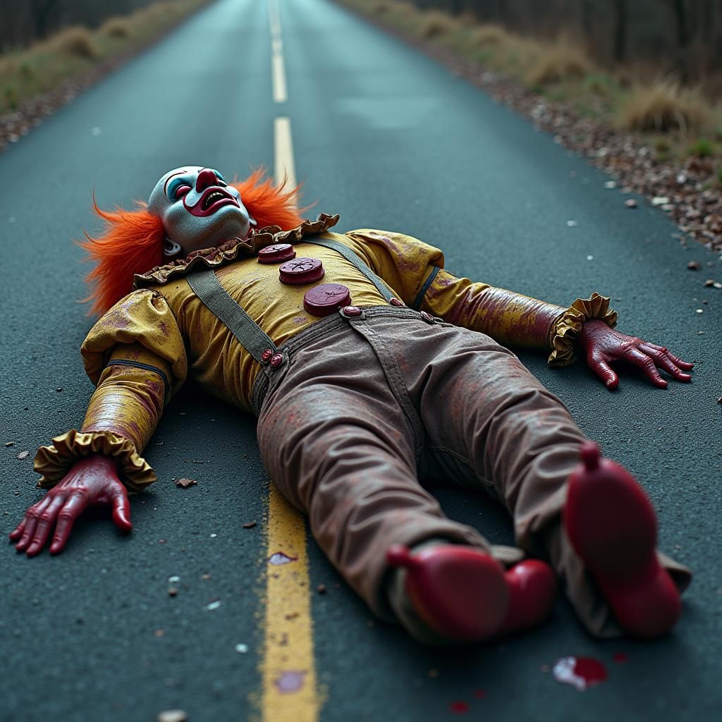Grotesque Dead Clown Roadkill in Comic Book Style