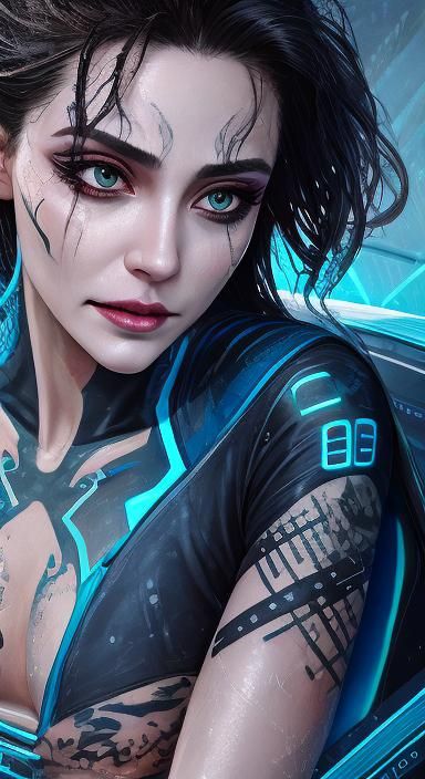 Beautiful Woman on Spaceship in Cyberpunk Style