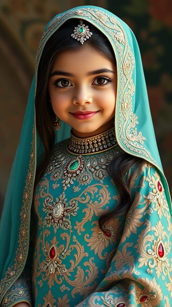 Regal Islamic Princess in Turquoise Bridal Gown with Eye Mak...