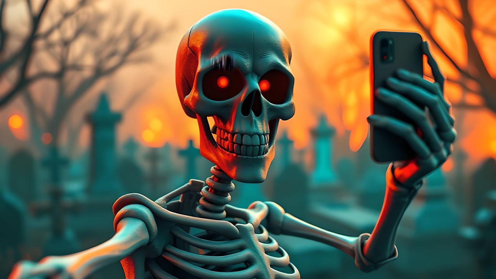 Smiling Skeleton Selfie in Graveyard Concept Art