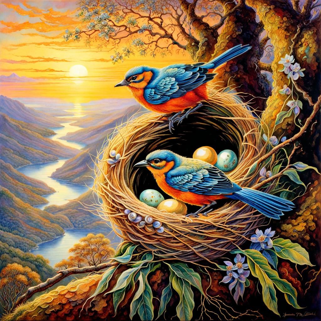 Weaver Birds Nest at Sunset: Watercolor Painting