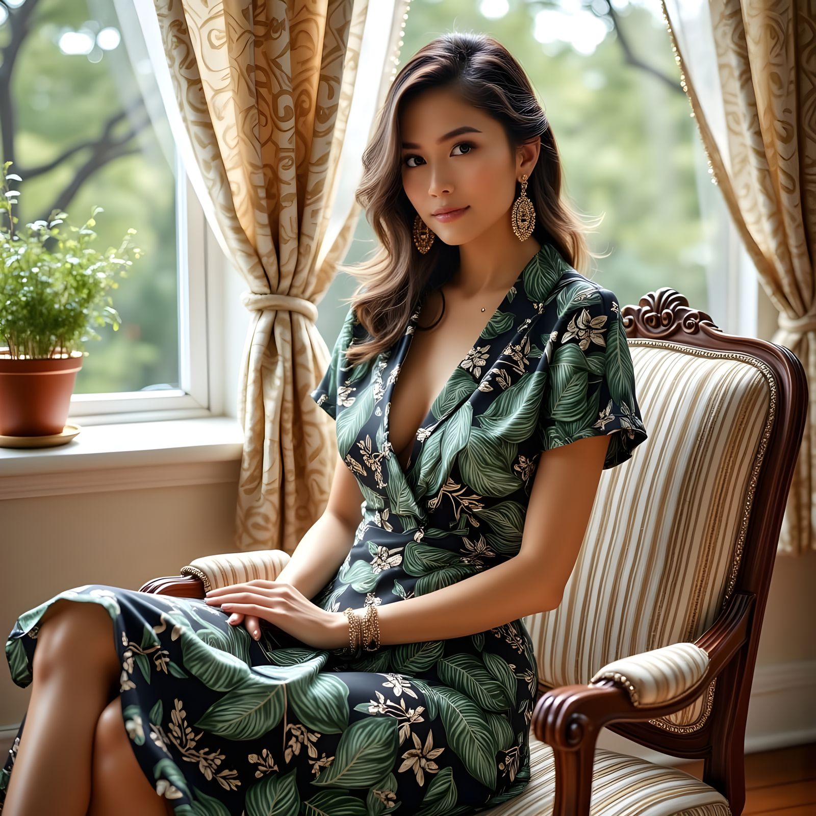 Surreal Portrait of a Woman in a Striped Chair with Whimsica...