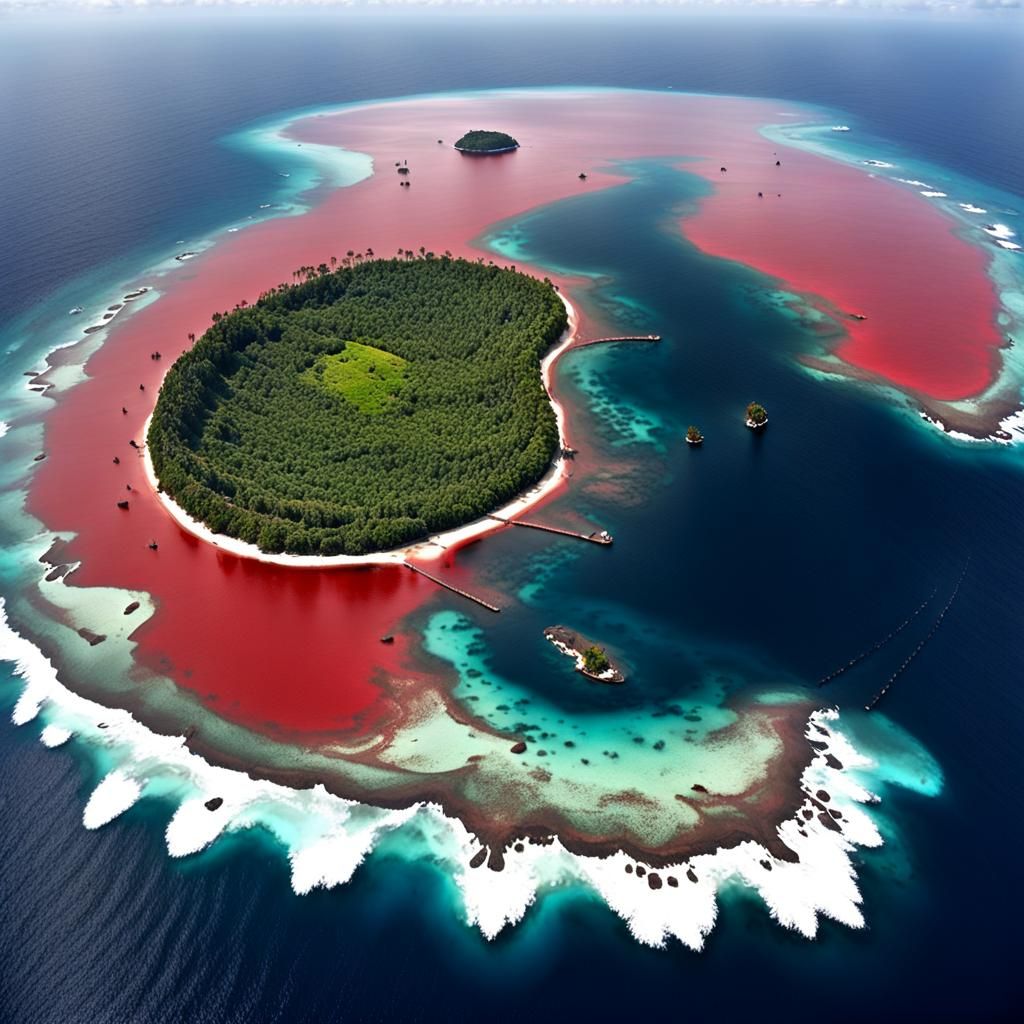 Eerie Blood-Red Sea Surrounds Isolated Island