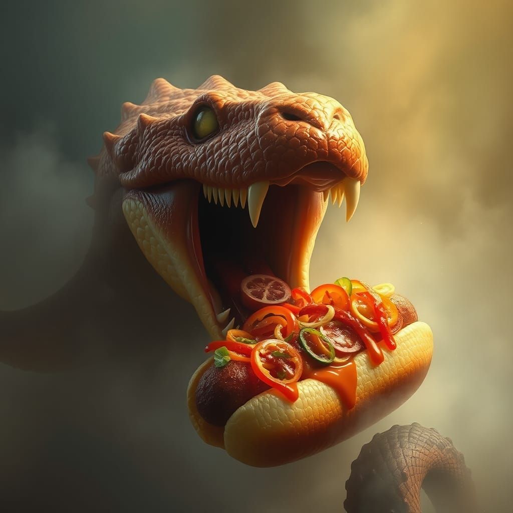 Surreal Serpent Eats Hot Dog in Fantasy Style