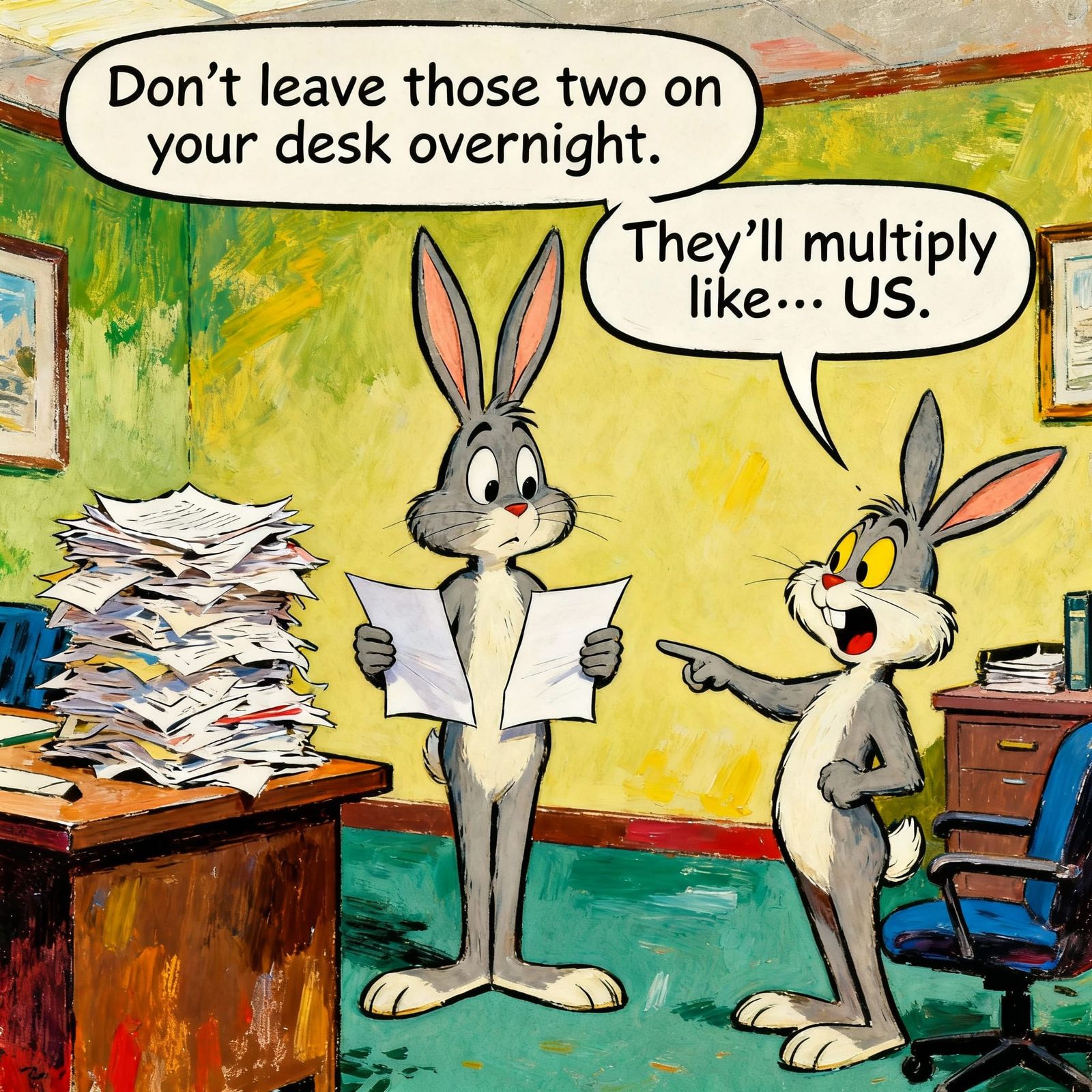Rabbits Multiply Office Papers in 1970s Mad Magazine Style
