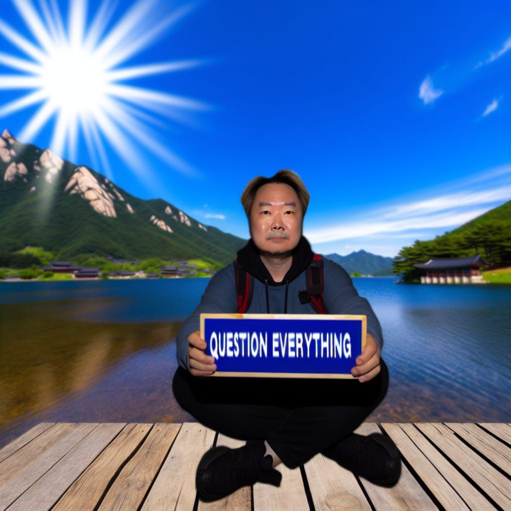 Korean Man Contemplates by Lake with Mountains