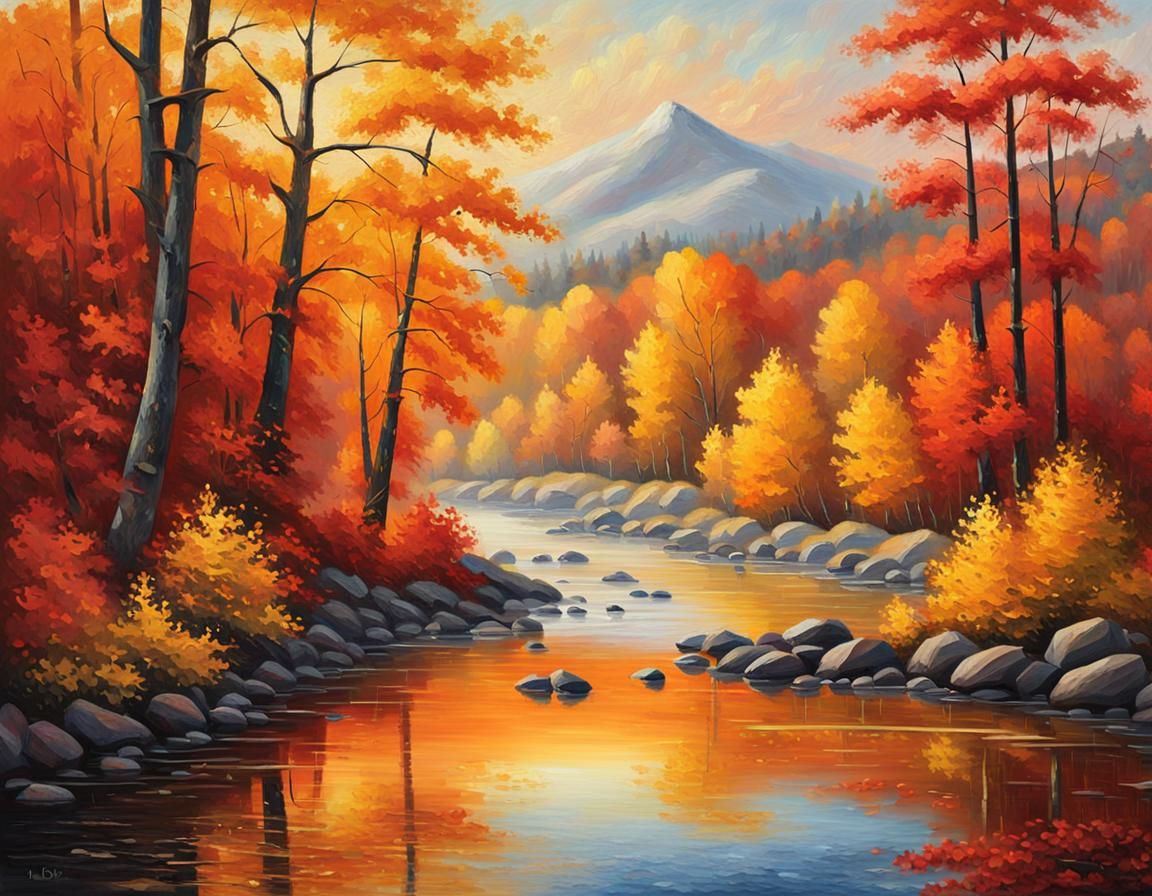 Autumn Forest River: a Neo-Impressionist Oil Painting