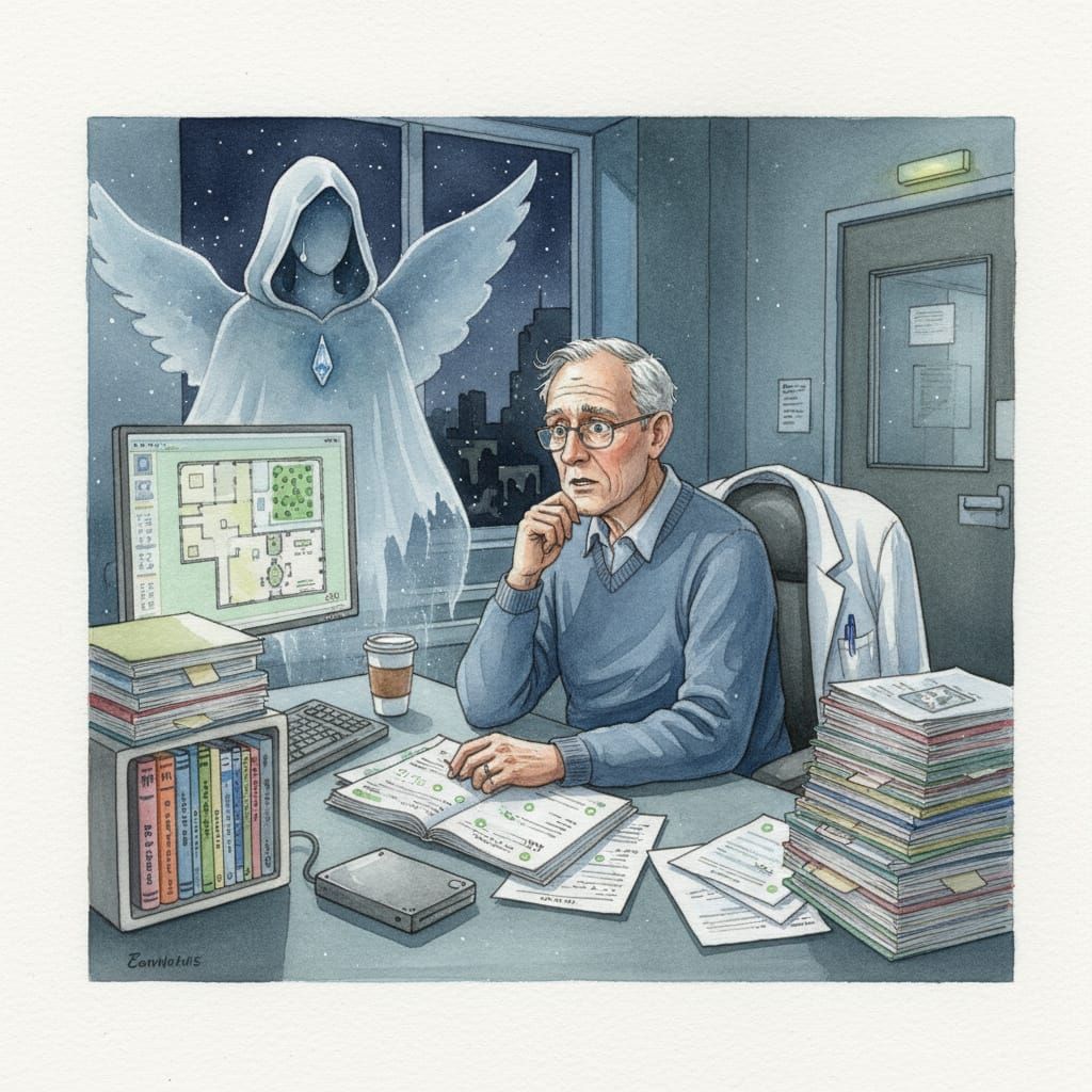 Watercolour of Doctor Marcus Whitley Working Late in Hospita...