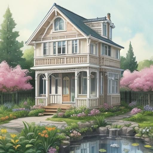 Isometric Victorian House with Garden in Watercolor Style