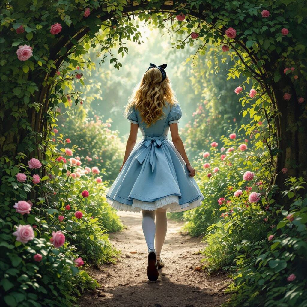 Alice in Wonderland in Overgrown English Garden