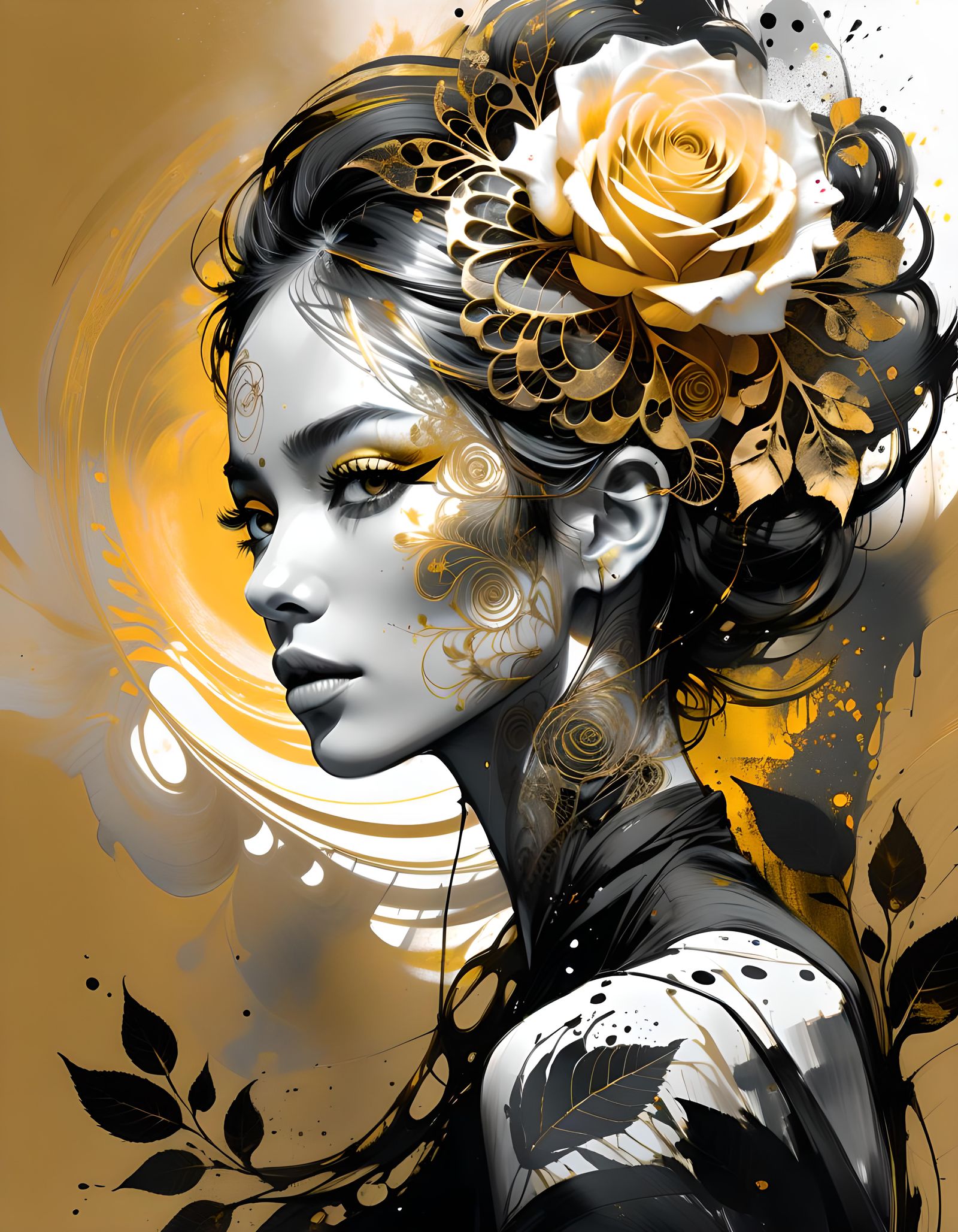 Filigree Fractal Girl with Roses in Ink Art