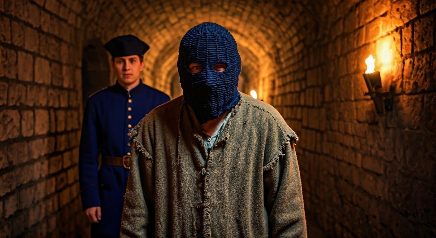 Mysterious Prisoner in Black Velvet Mask, Led by Guard in Na...