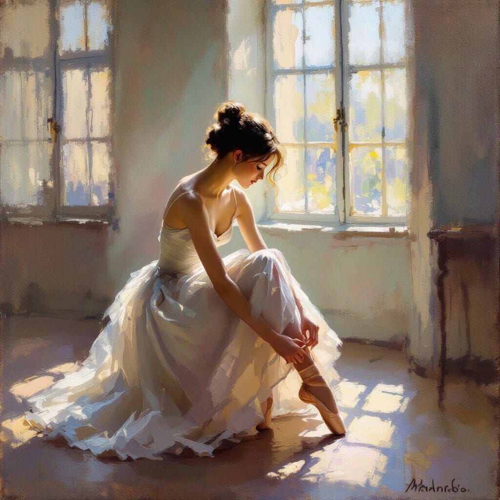 Ballerina Tying Shoelaces in Sunlit Studio - Impressionist O...