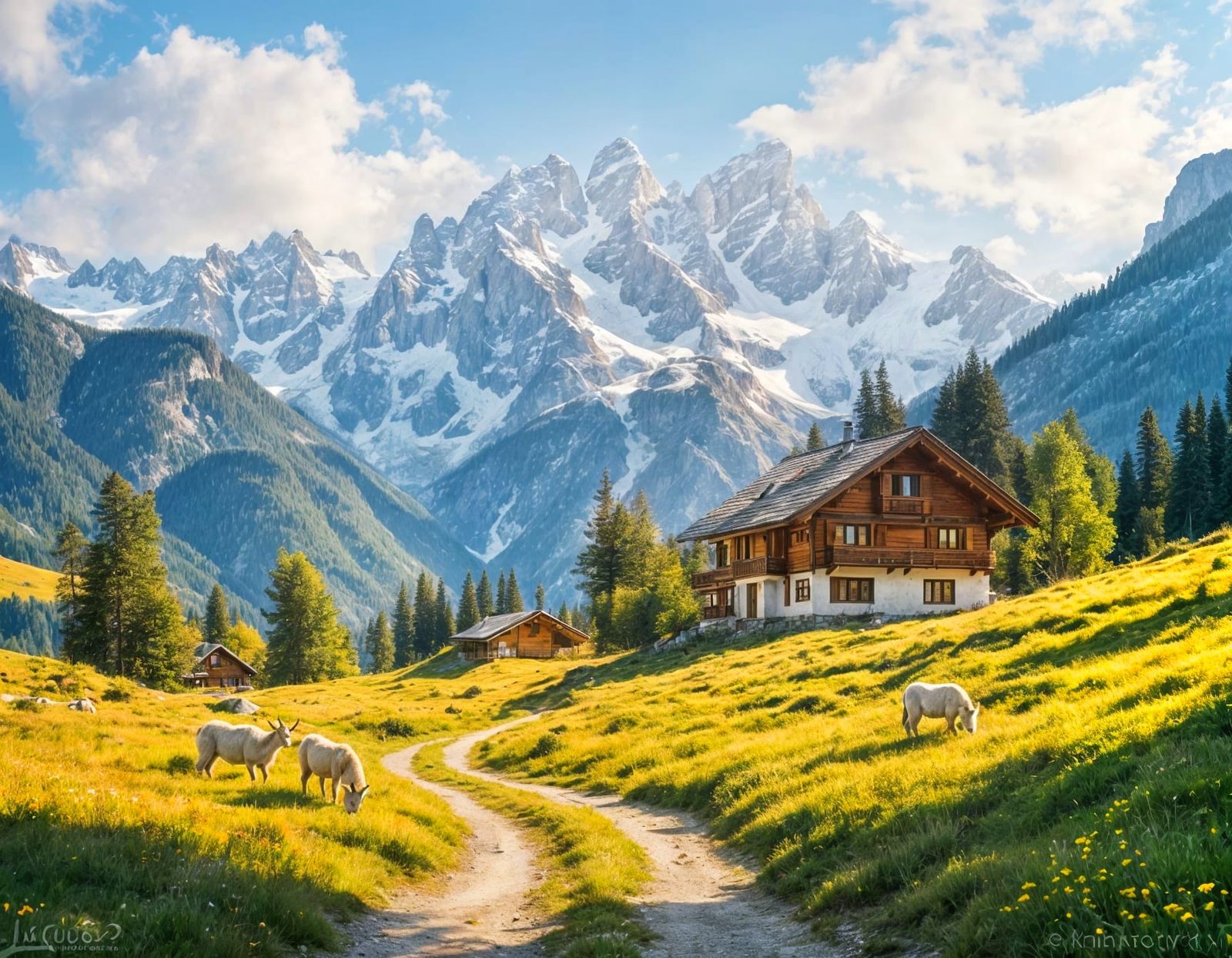 Impressionist Oil Painting of Swiss Alps and Cozy Chalet