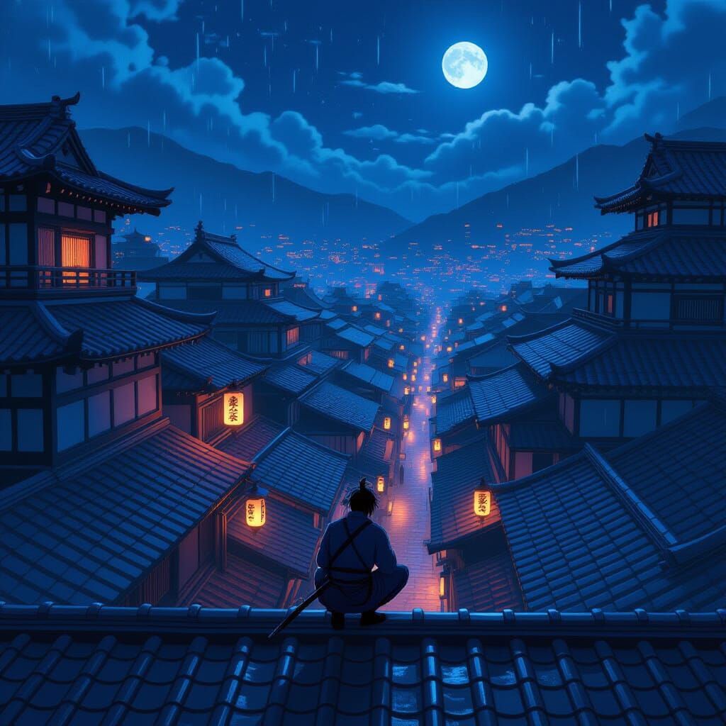 Shinobi Crouching on Rooftops at Night, Anime Style