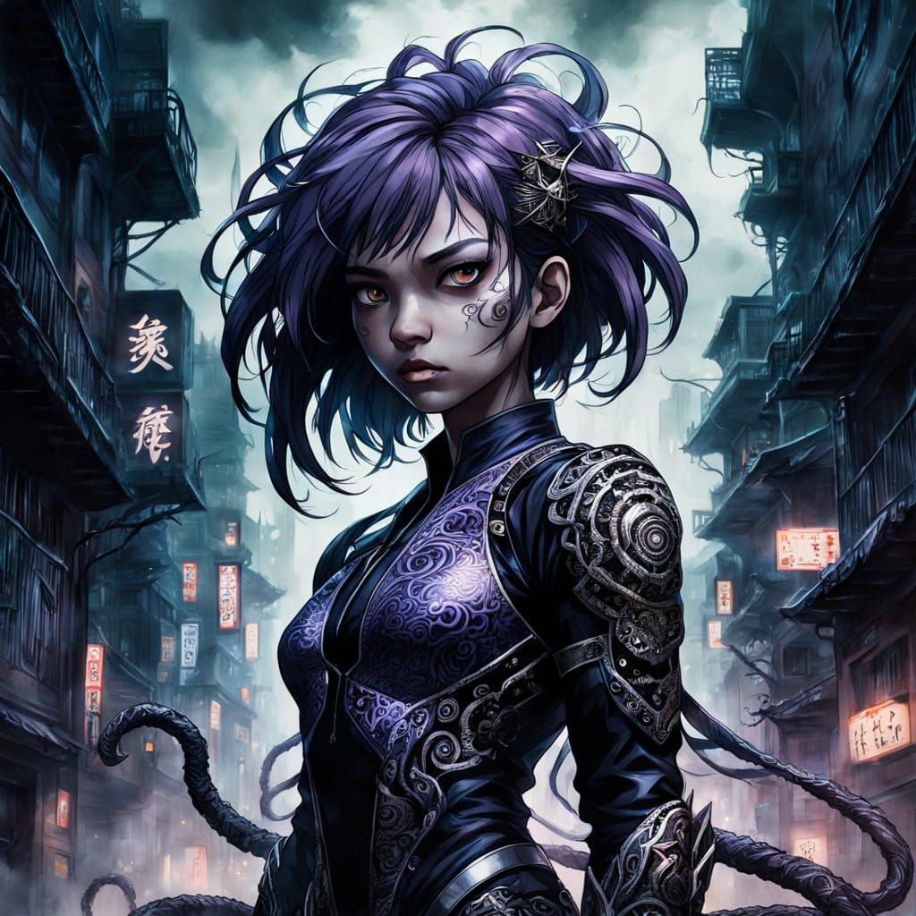 Heroic Martial Arts Girl in Dark, Eldritch Cityscape