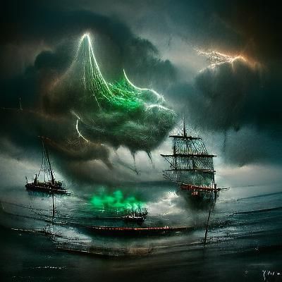 Eerie Green Ghost Ship Under Thunderstorm
