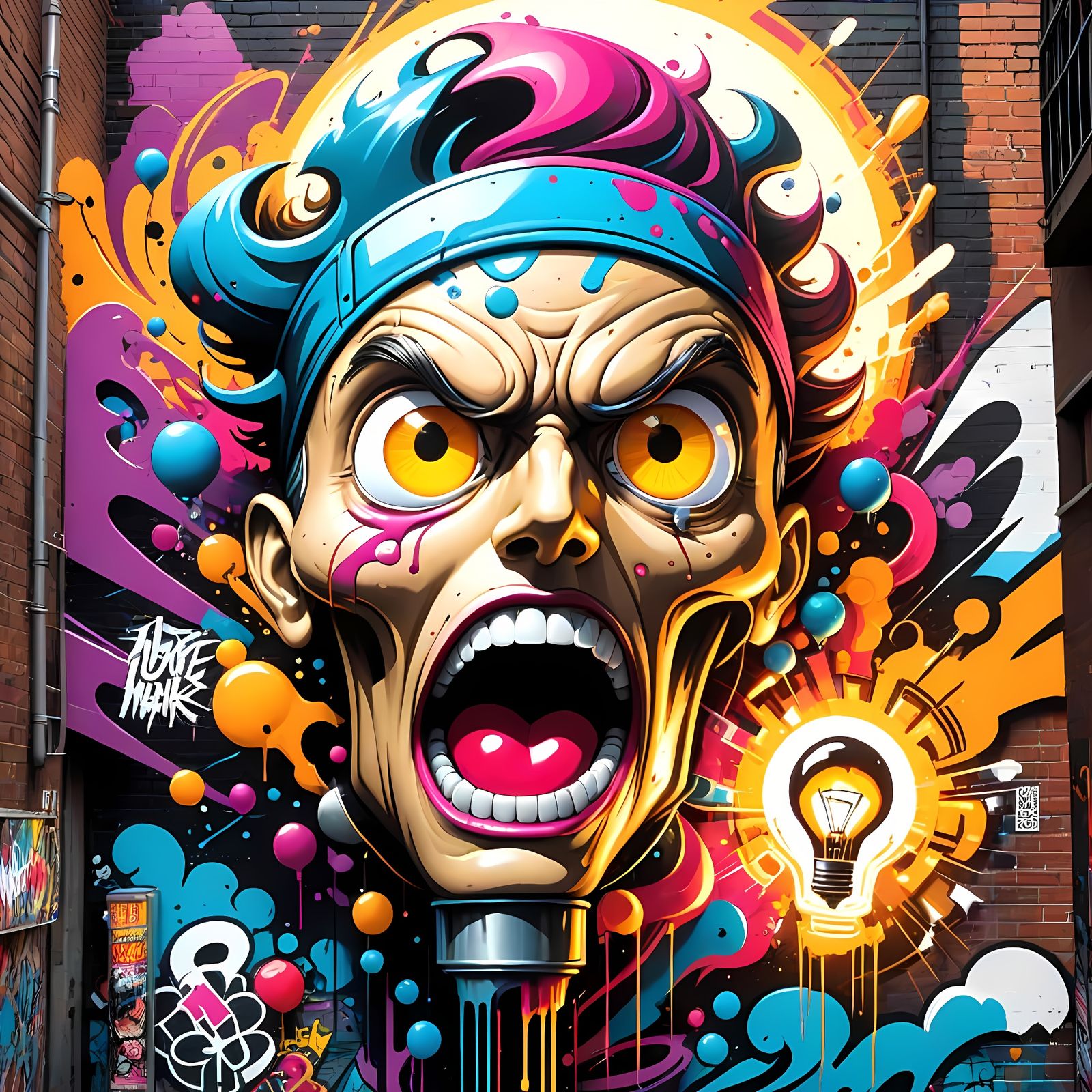 Vibrant Street Art Illustration of a Cartoonish 'What an Ide...