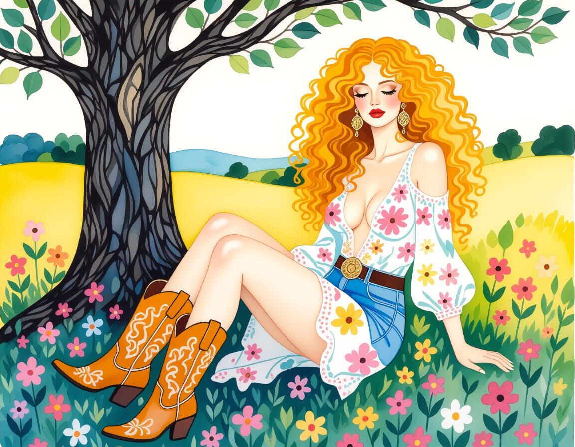 Golden Haired Woman in Watercolor, Klimt and Ernst Style