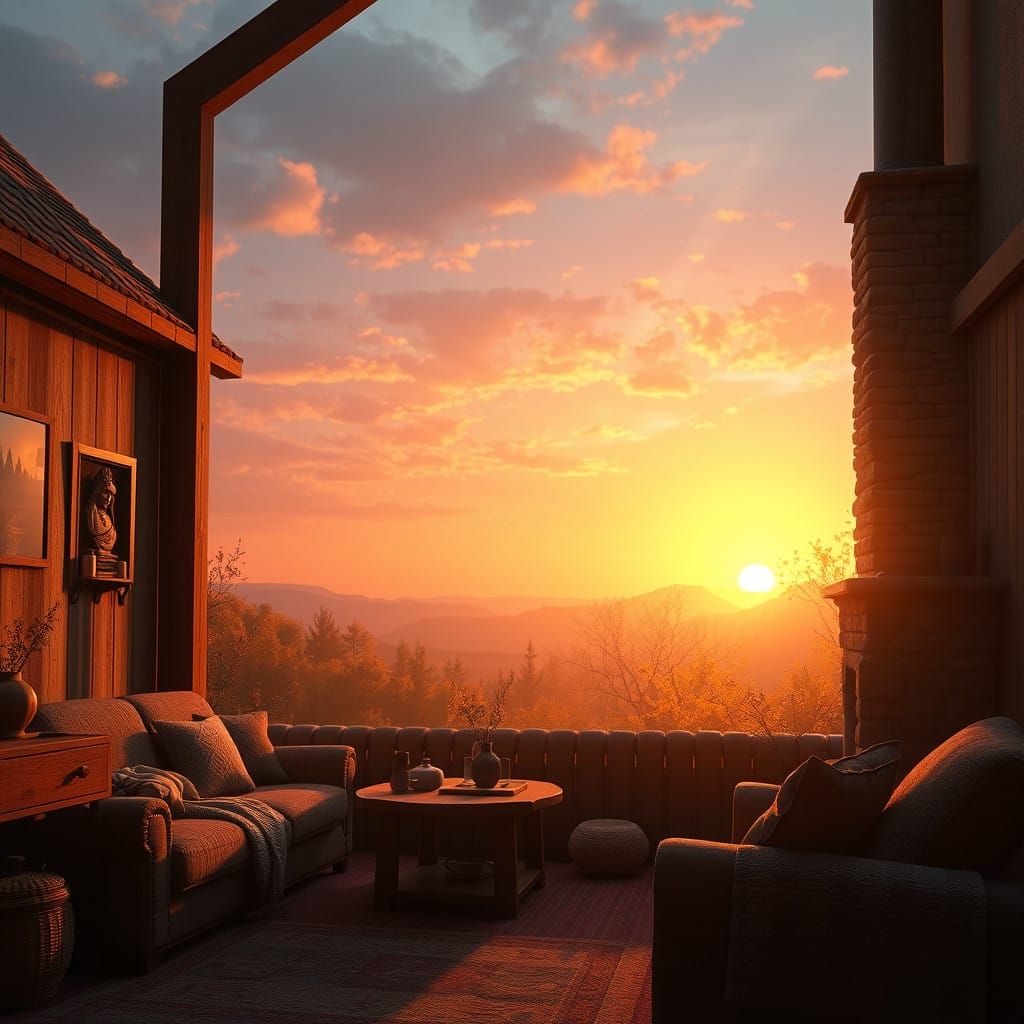 Cozy Cottage Living Room with Golden Sunset Gradient
