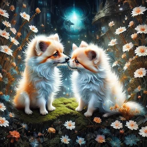 Cream Ginger Pomeranian Puppy in Detailed Matte Painting
