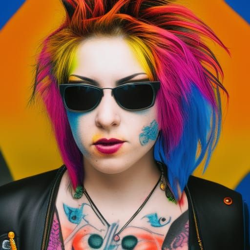Detailed color drawing of a female punk rocker, multicolor