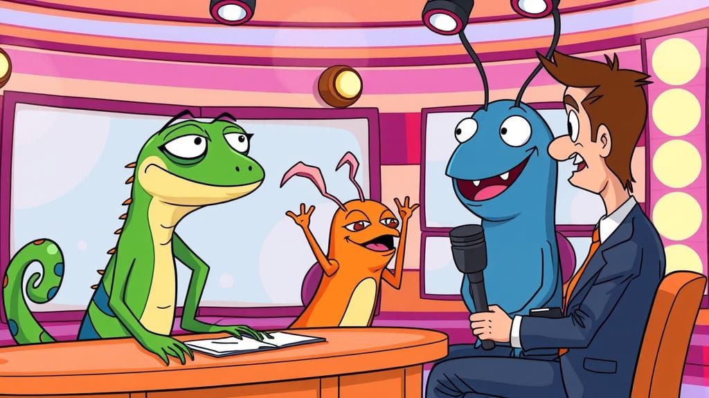 Journalist Interviews Cartoon Animals on TV