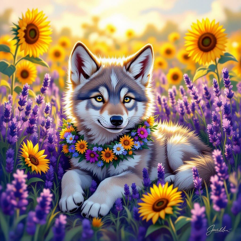 Mystical Wolf Pup in Wildflower Meadow