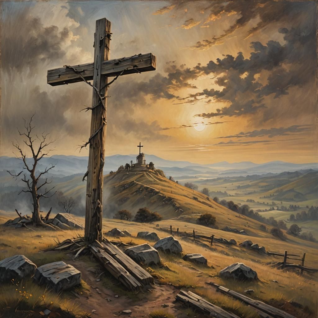 Old Rugged Cross on Misty Hill: Oil Painting