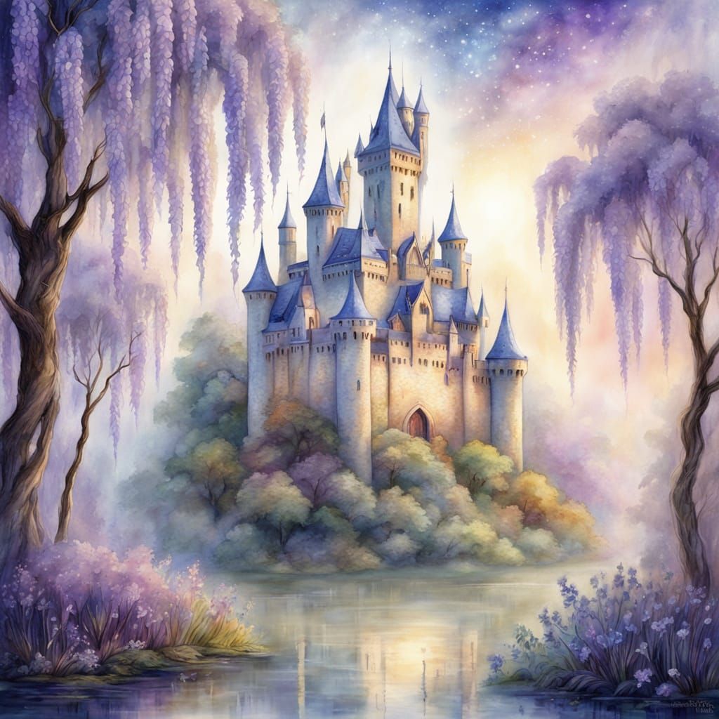 Dreamy Castle in Pastel Watercolor Fantasy Art