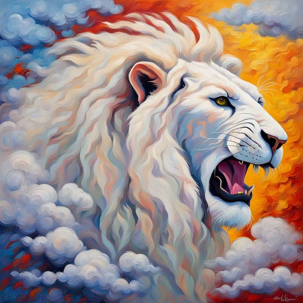 White Lion Roaring in Clouds: Neo-Impressionist Oil Painting