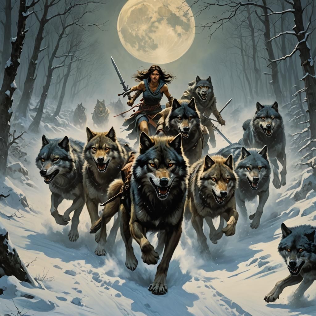Wolves Chase Warrior Under Misty Moonlit Night