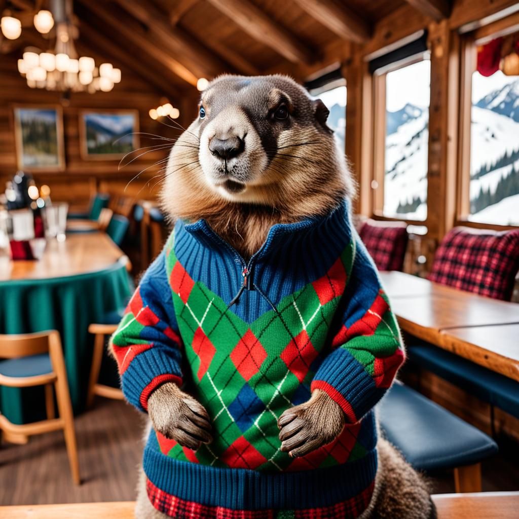 Marmot in Argyle Sweater at Ski Lodge