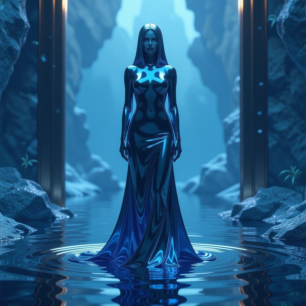 a beautiful contemplative woman made entirely of liquid quic...