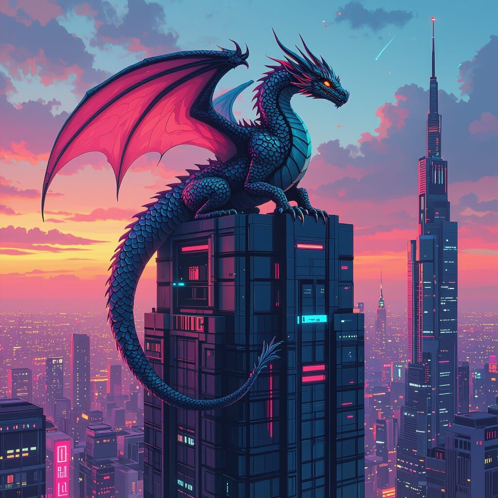 Dragon Perched Atop Skyscraper in Dystopian Neon