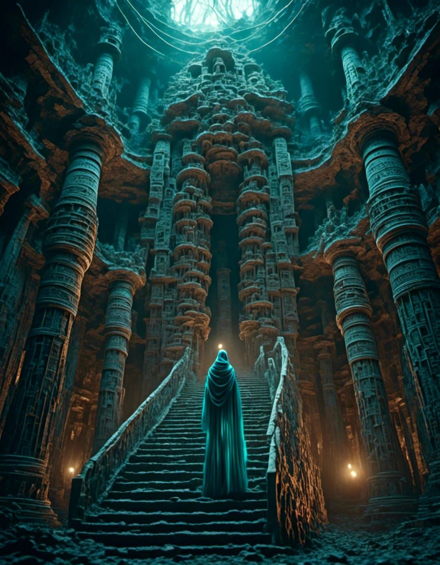 <lora:Mirage:1.0> <lora:Otherworldly:1.0> A low angle image looking up at a tall lithe humanoid machine wrapped in coppe...