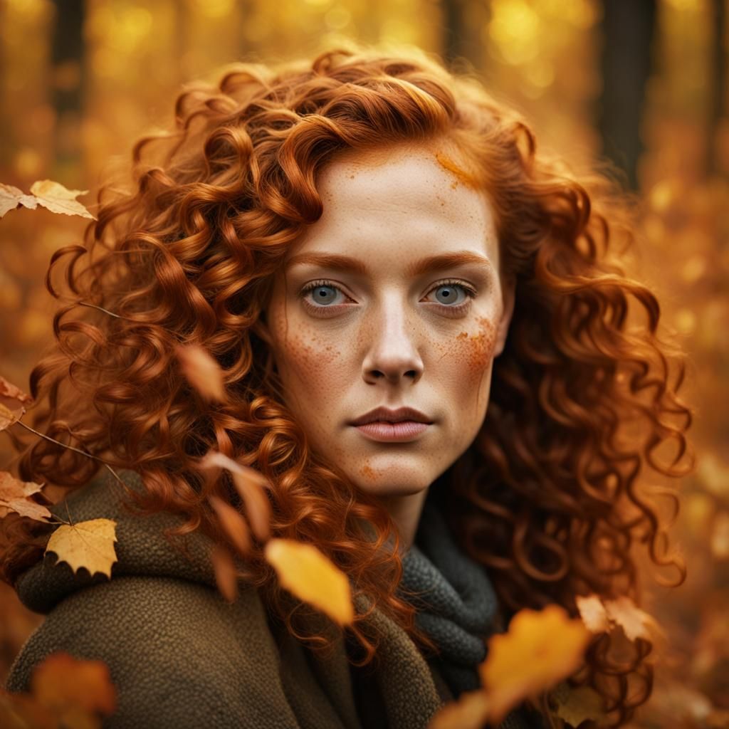 Ginger Woman in Autumn Forest Portrait
