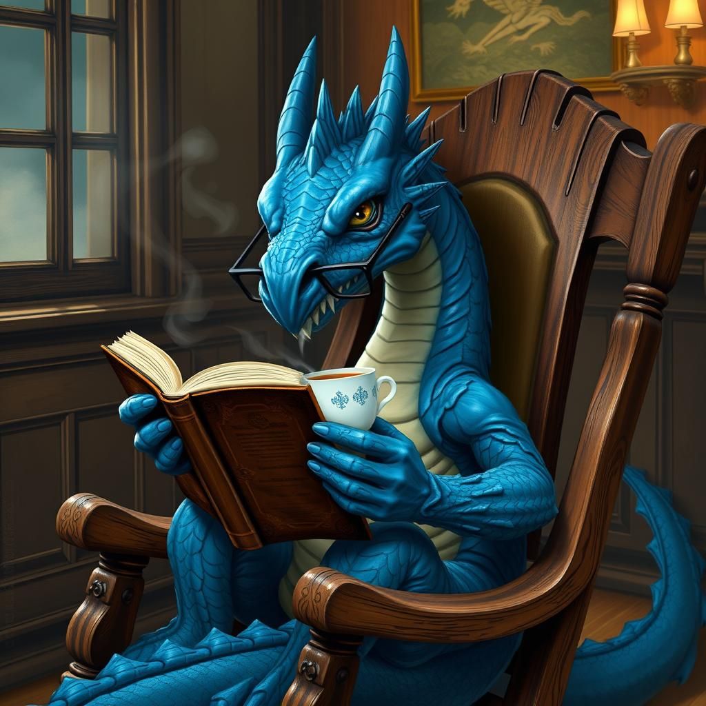 Blue Dragon Reading Book in Cozy Study