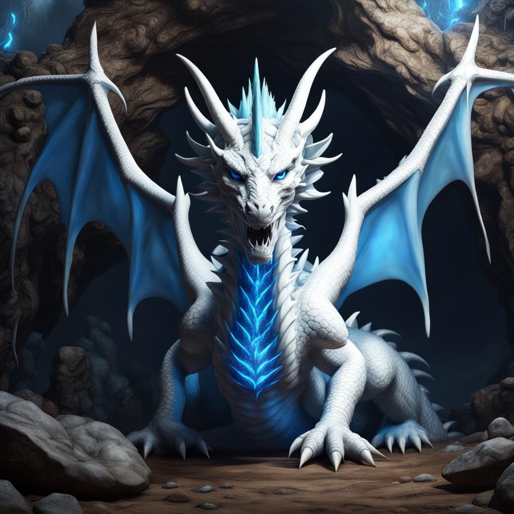 White Dragon with Blue Horns in Cave, Detailed Matte Paintin...
