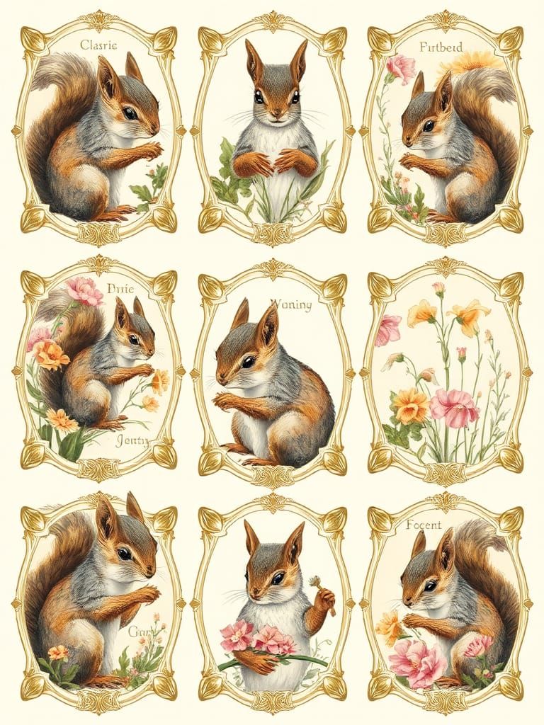 Botanical Squirrel Portrait Labels in Vintage Style