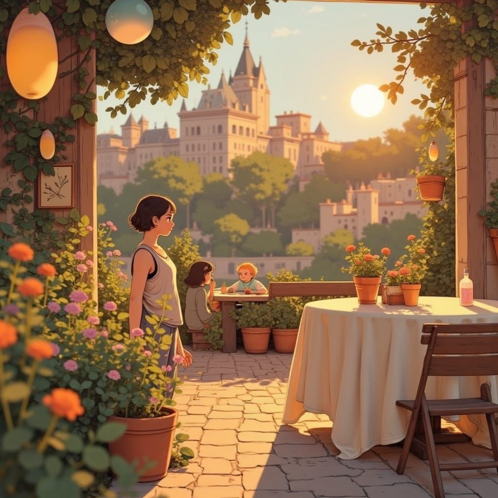 Whimsical Solarpunk Cafe Scene in Vibrant Colors