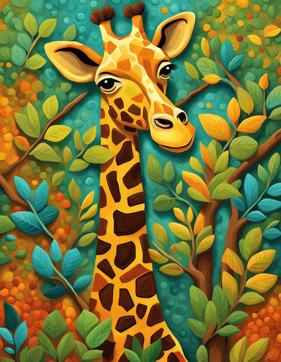 Giraffe Eating Leaves in Naive Folk Art Style