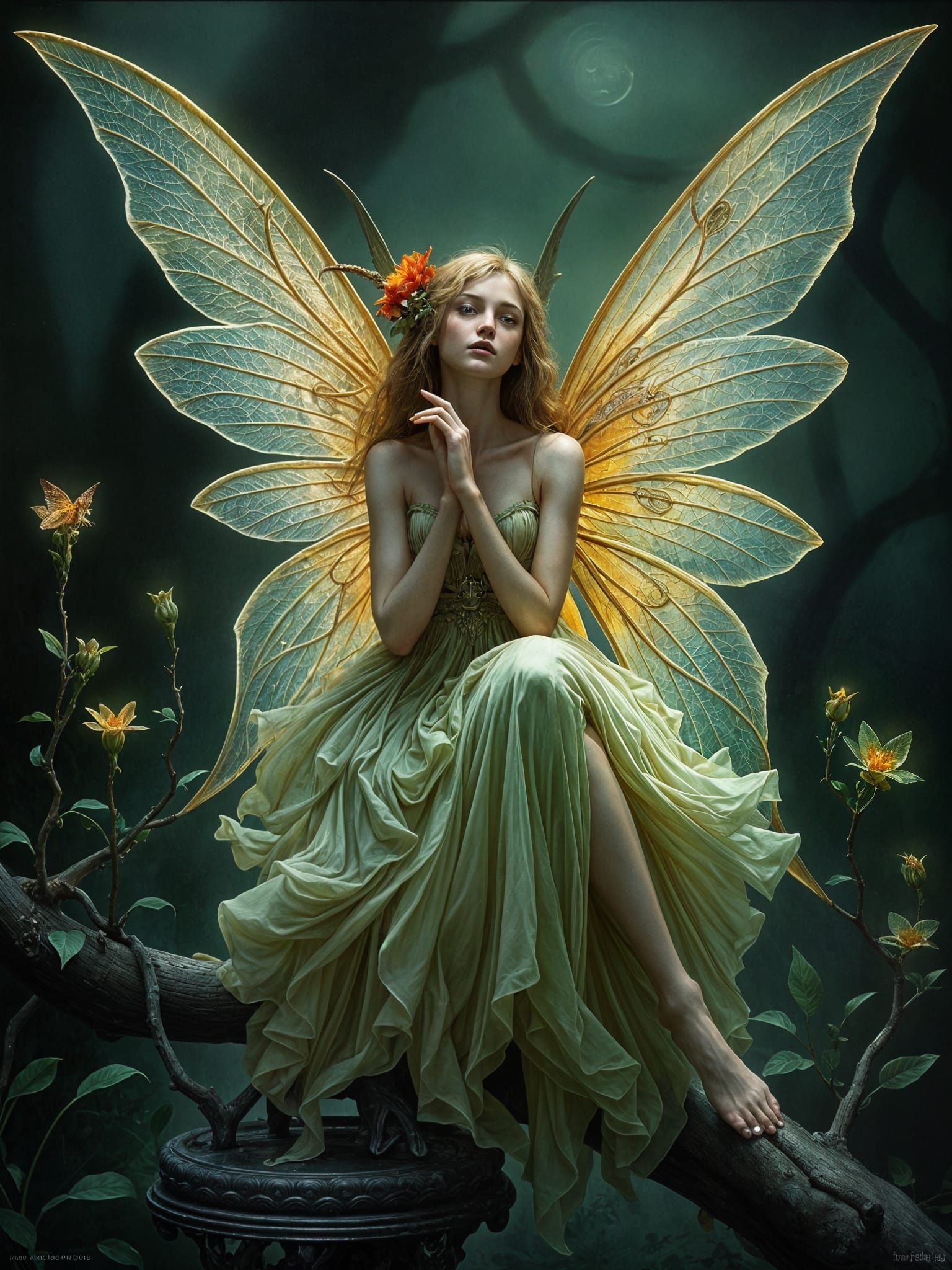 Photorealistic Pixie with Moon and Butterflies