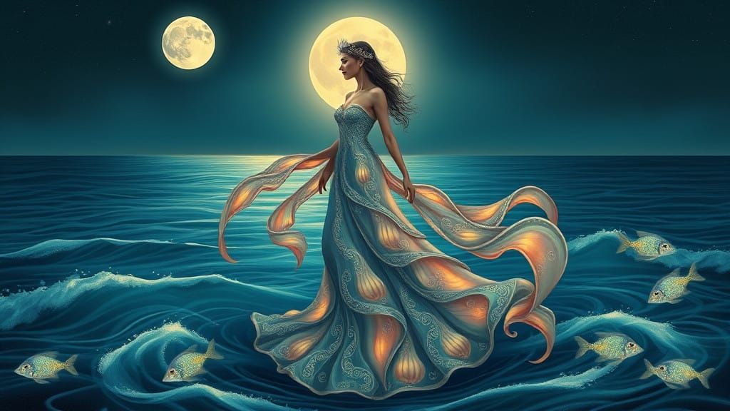 Surreal Queen Surrounded by Bioluminescent Fish in a Moonlit...