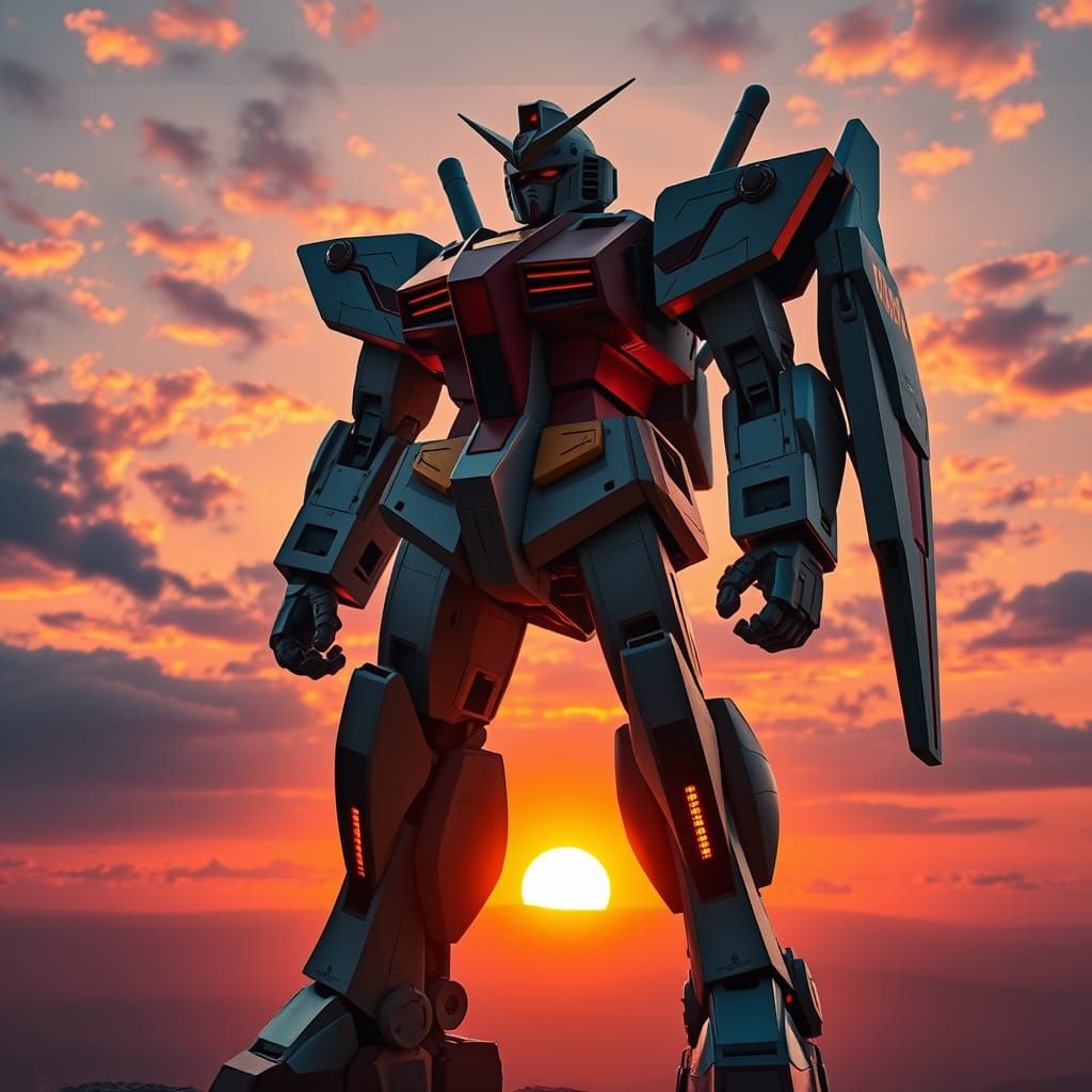 Gundam Robot at Sunset in Futuristic Style