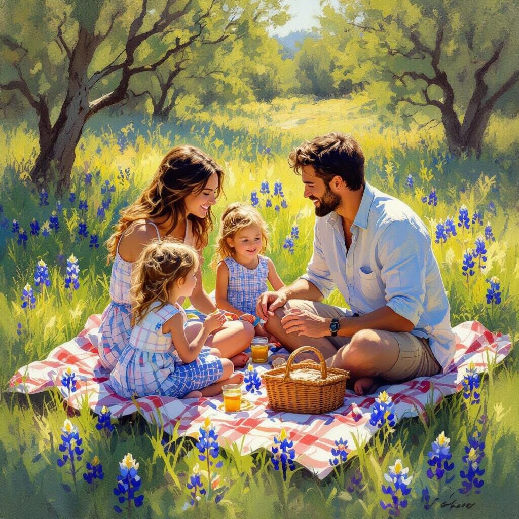 Family Picnic in Bluebonnet Meadow: Impressionist Style