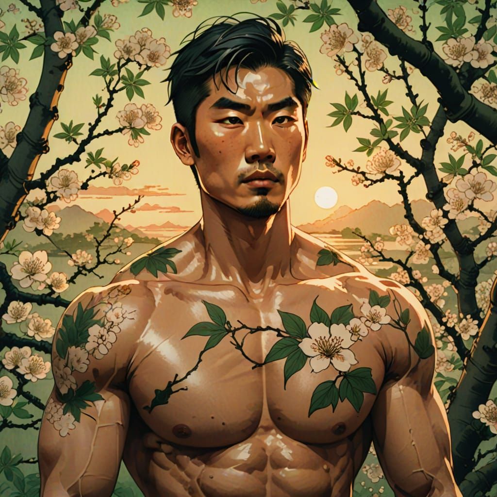 Asian Men in Ukiyo-e Style at Sundown