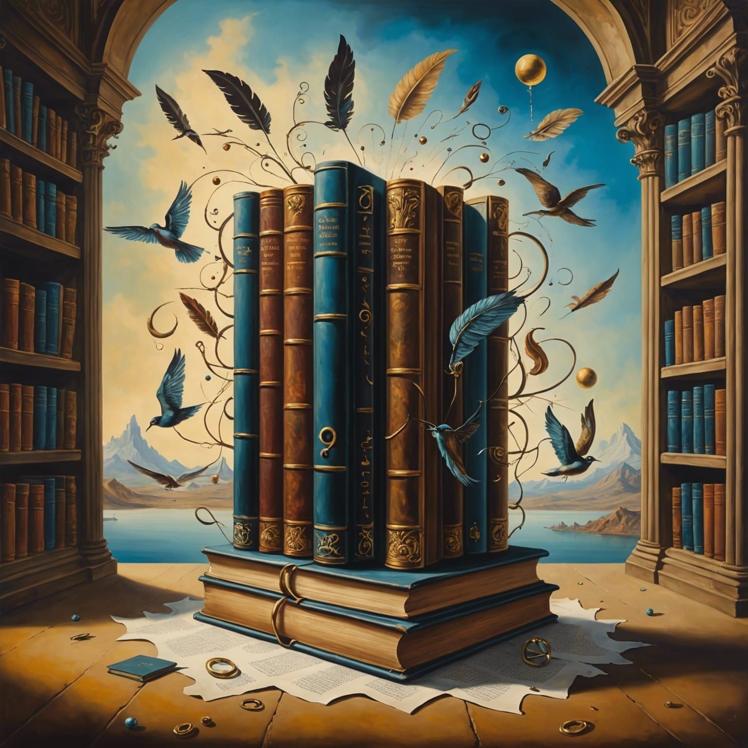 Surreal Ancient Library with Magical Scrolls in Oil