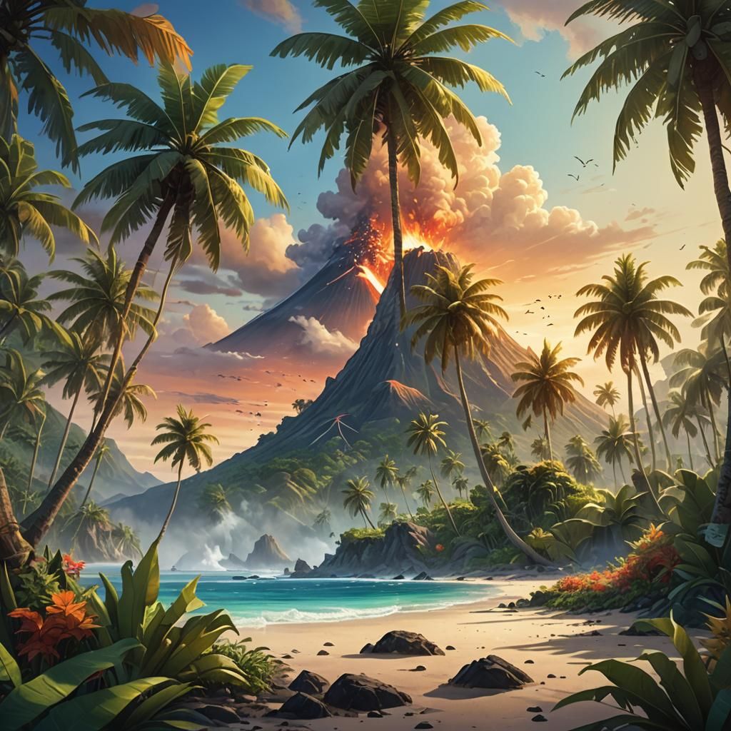 Serene Tropical Island with Volcano in Golden Light
