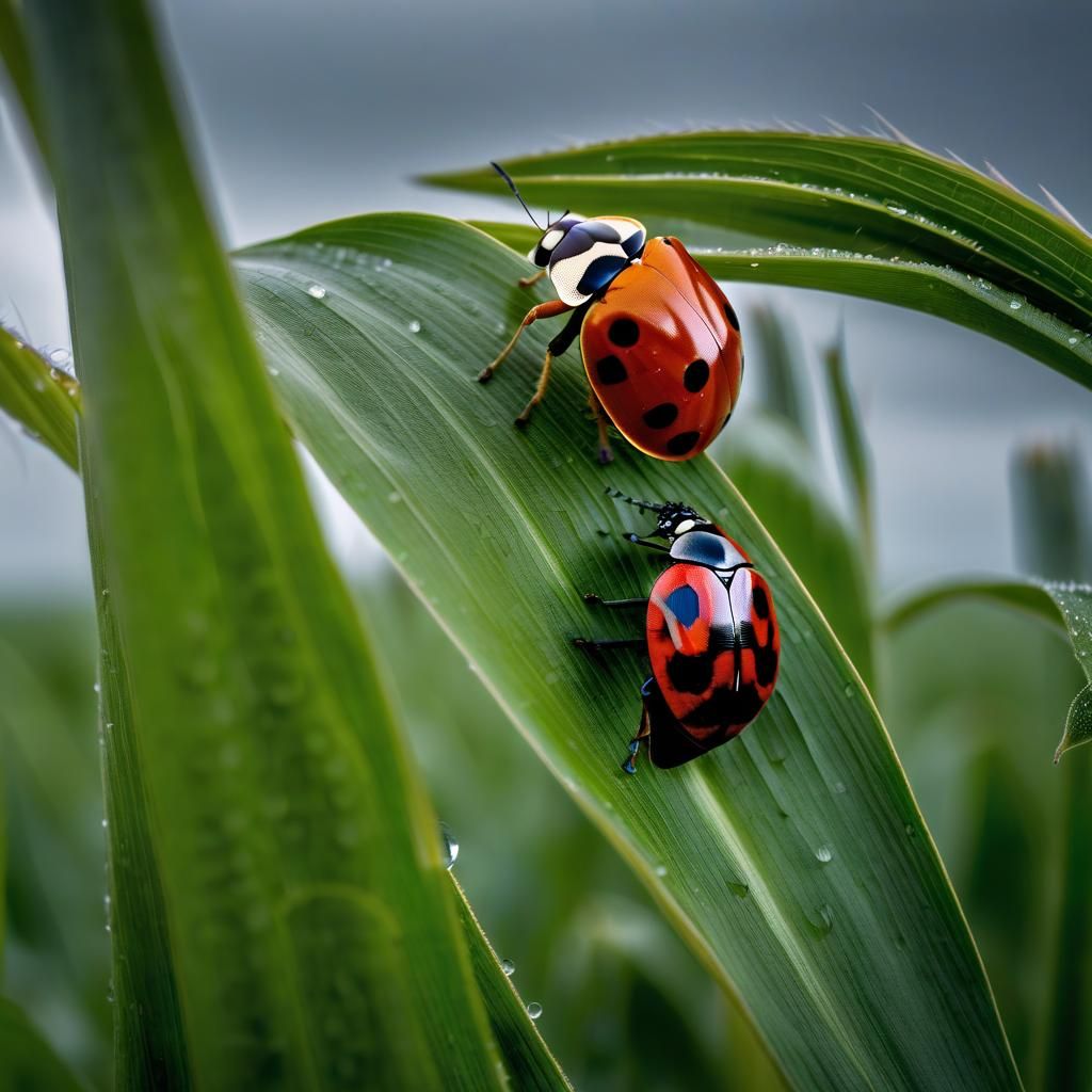 Horse and Ladybug in Cornfield Macro Photograph